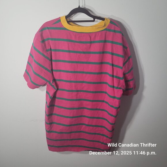 Guess L J Balvin Collab Pink Green Stripe Tee Yellow Collar Logo Shirt - Picture 2 of 7